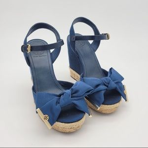 Tory Burch navy satin bow cork wedge heel BRAND NEW